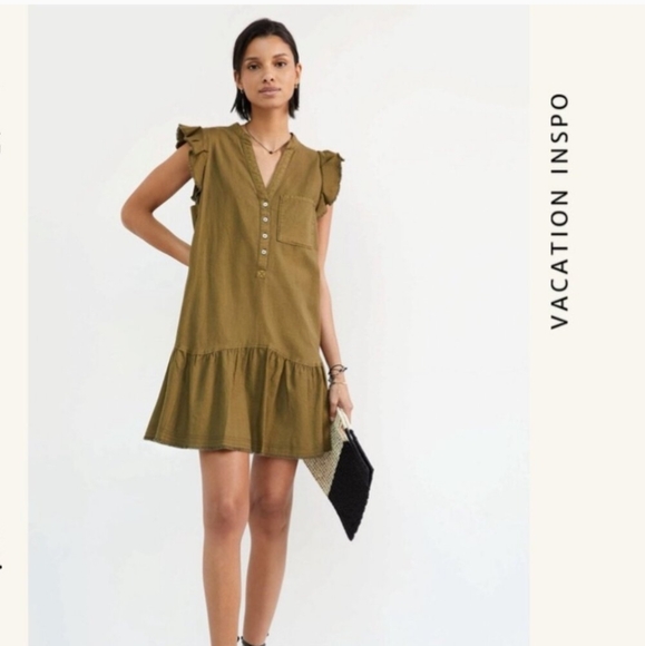 Anthropologie Pilcro Button Down Ruffle Dress in Green - Picture 4 of 15